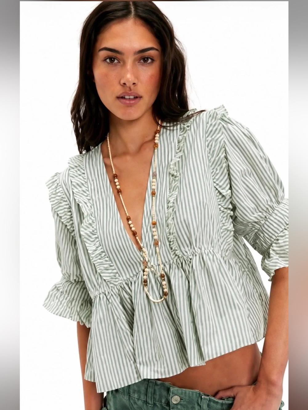 Free People Miley Striped Ruffle Top Cotton Boho Cottagecore NWT Large